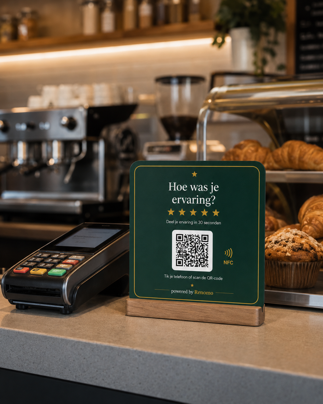 Reviewstandaard op de toonbank in een café